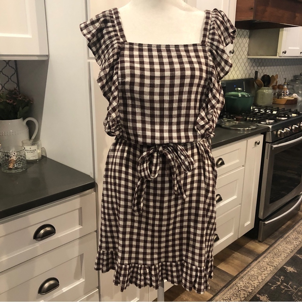 Topshop Brown White Gingham Ruffle Square Neck Mini Dress Rodeo Festival Size 8
